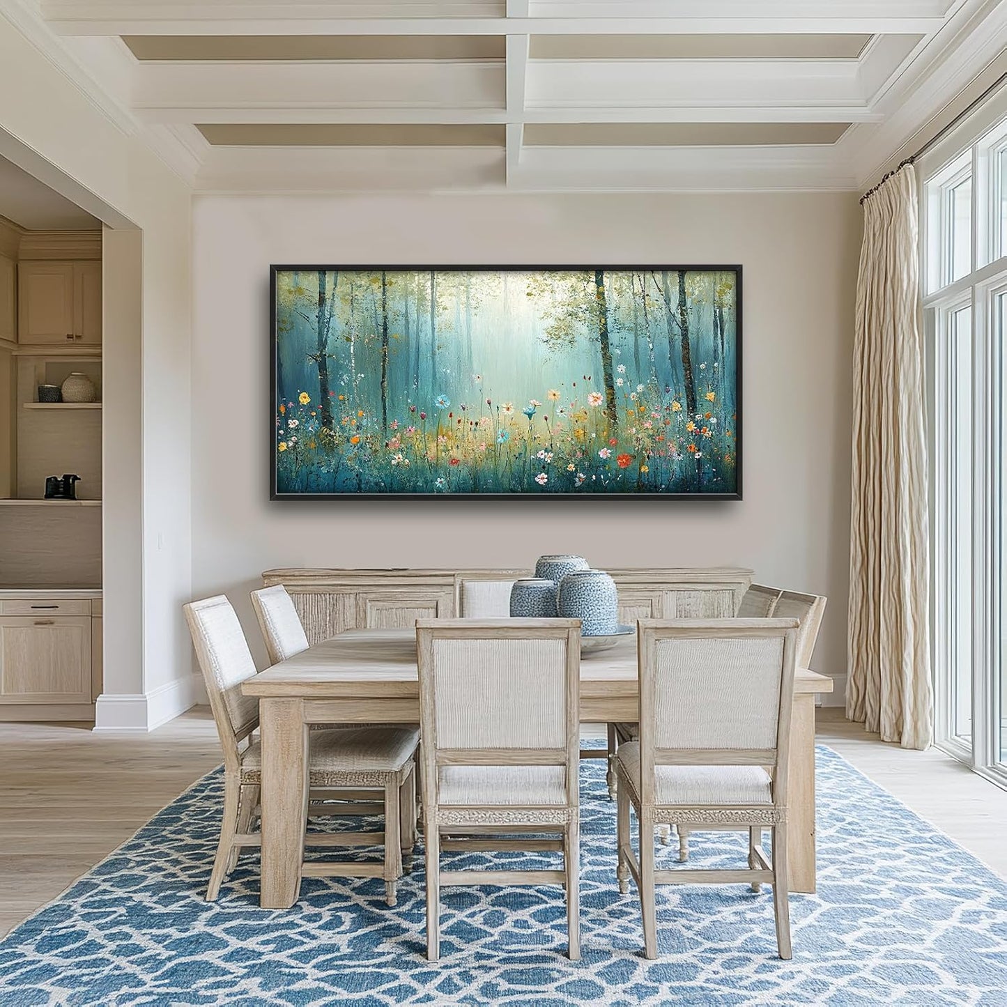 Large Forest Tree Wall Art for Living Room, Framed Oversized Wildflowers Wall Decor, Foggy Landscape Canvas Painting Modern Artwork Home Decoration for Dining Room Bedroom Office 60"x30"