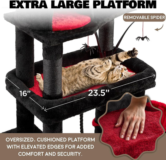 Large Cat Tree Tower for Large Cats, Cat Scratching Post, Self Grooming Post, Interactive Cat Toys, Oversized Perch and Basket, Heavy Duty 72", Black and Red