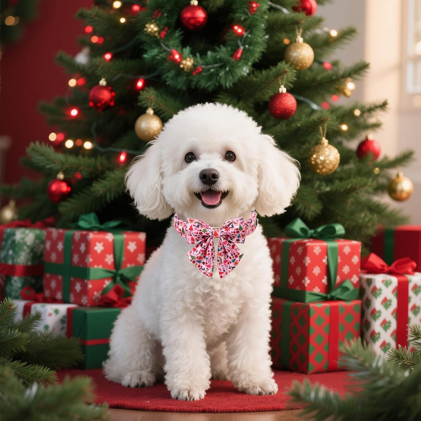 Lionet Paws Christmas Dog Collar with Sailor Bow, Cute Ho Christmas Tree Snowman Pink Dog Collar Bow Tie for Puppies and Cats, XS, Neck 8-12 inches