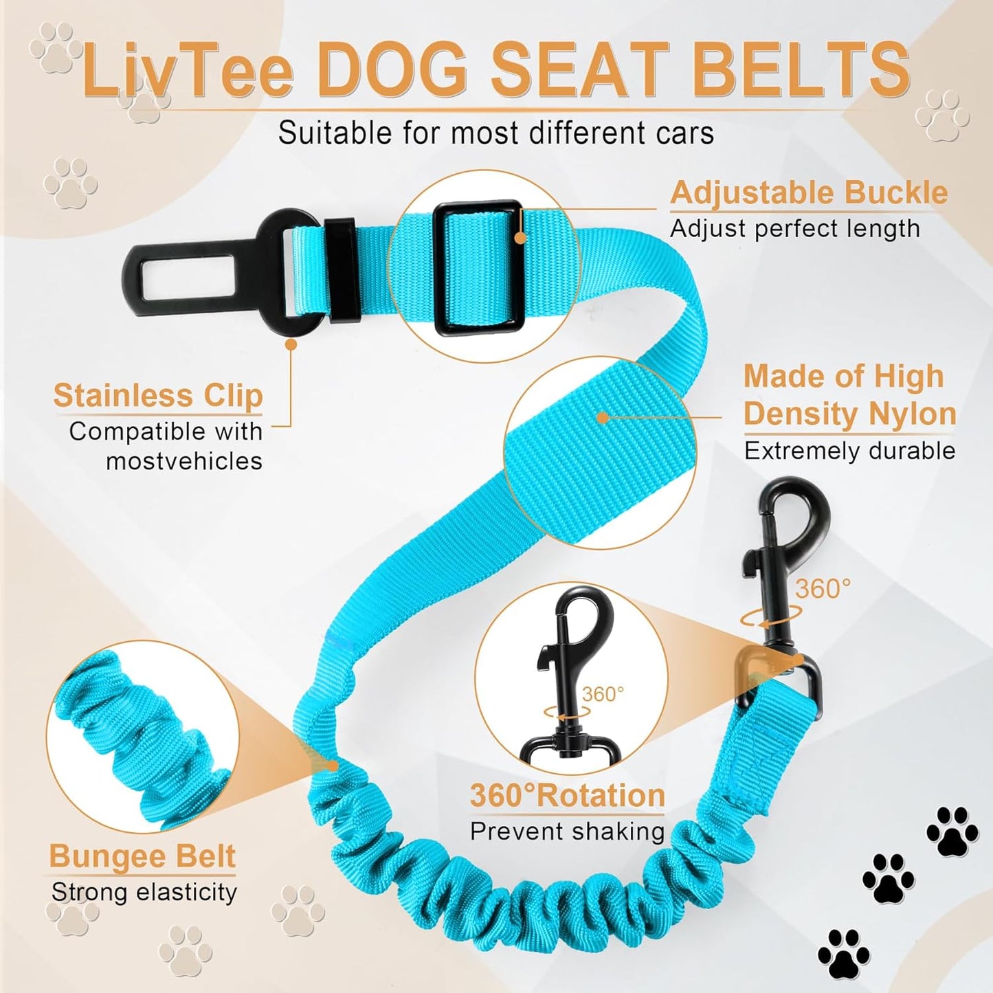 LivTee Dog Seat Belt for Car, Retractable Pet Safety Harness, Adjustable Nylon Dog Seatbelt Leash, Comfortable Dog Accessories for Vehicles (Teal-2PCS)