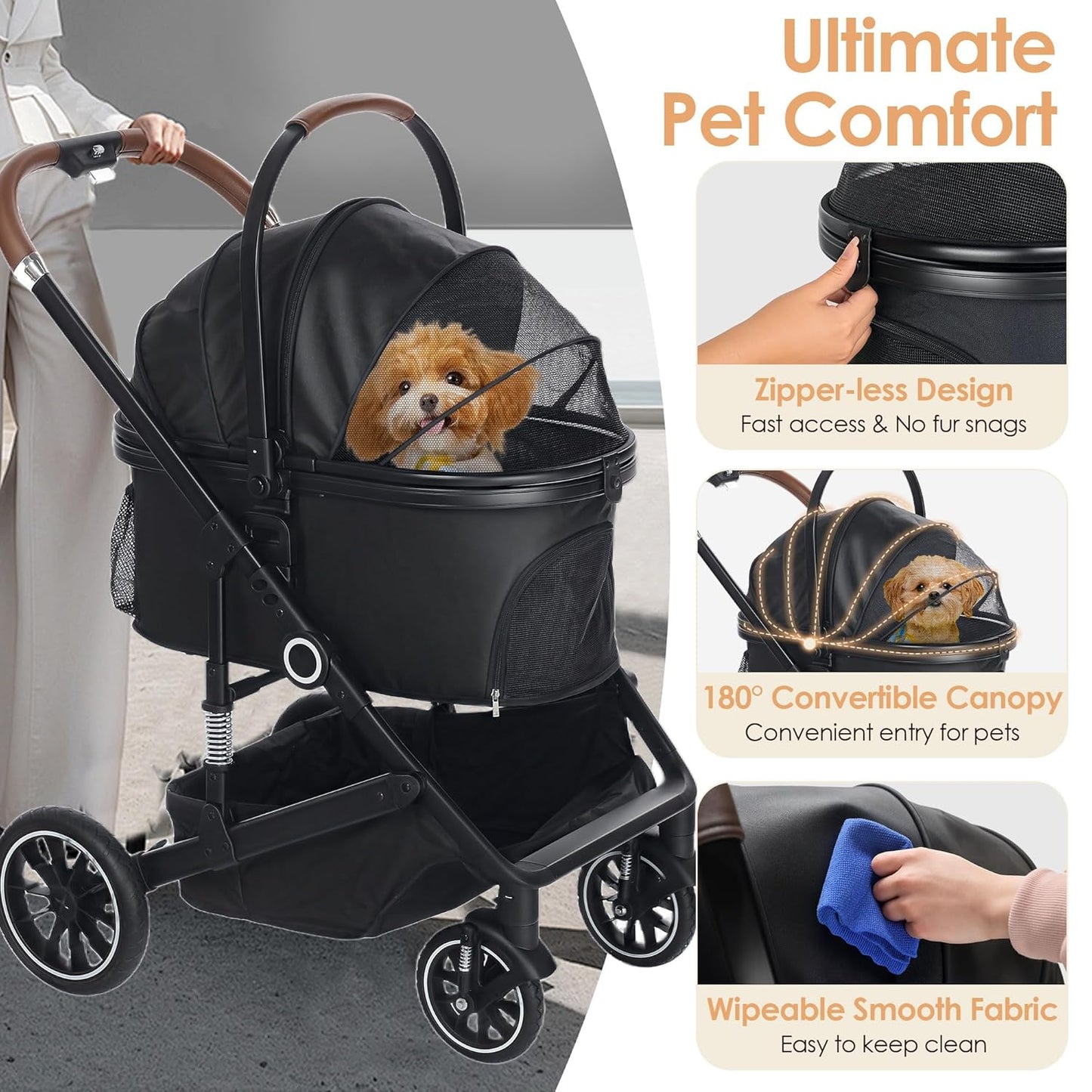 Pet Stroller with 4 Wheels, 3 IN 1 Folding Puppy Strollers for Small/Medium Dogs Cats up to 50lbs, Lightweight Pet Travel Carrier with Detachable Cushion, Storage Basket and Cup Holder, Black
