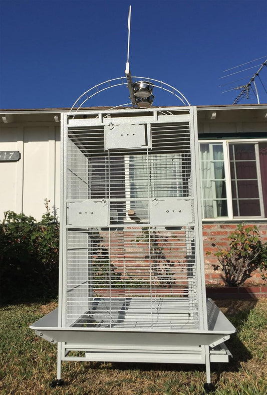 White Extra Large 28"x22"x65"H Double Ladders Open Play Top Wrought Iron Bird Parrot Parttot Finch Macaw Cockatoo Cage, Include Seed Guard and Toy Hook