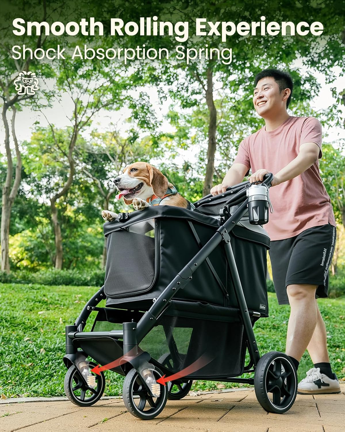 Medium Dog Stroller, Foldable Pet Stroller with Adjustable Handle & No Zip Entry, Storage Basket & Cup Holder, Canopy, Mesh Windows, Ideal for Medium Dogs and Cats Up to 50lbs, Black
