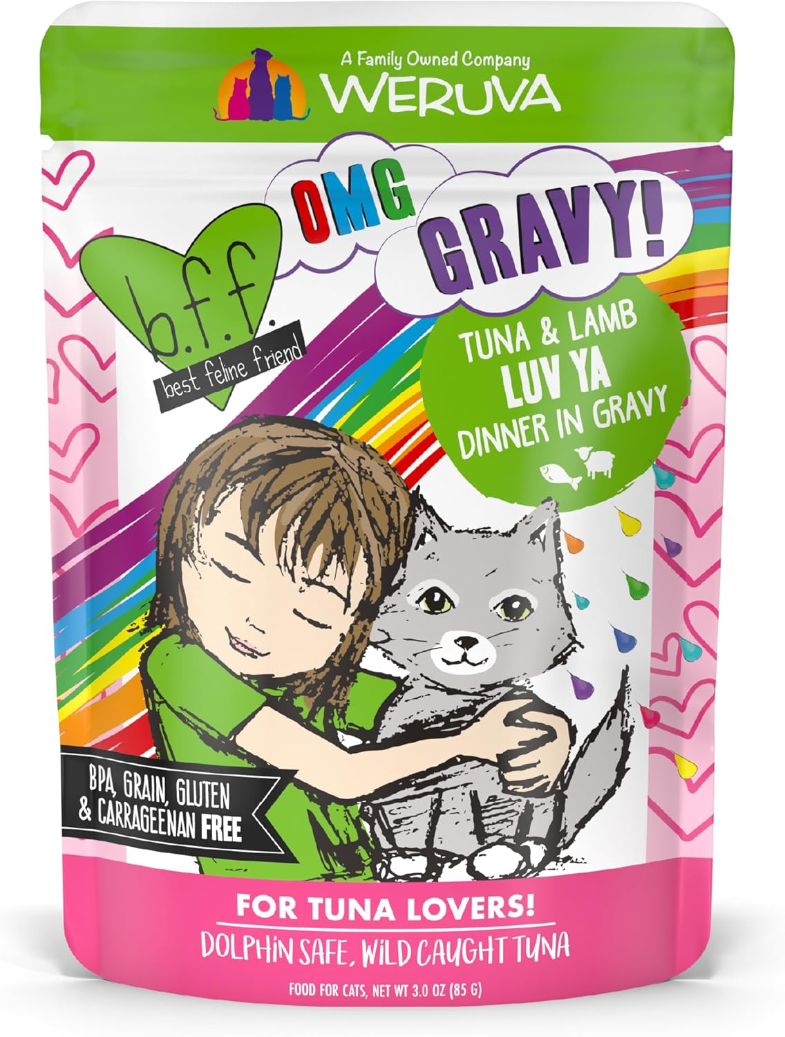 Weruva B.F.F. OMG - Best Feline Friend Oh My Gravy!, Tuna & Lamb Luv Ya with Tuna & Lamb in Gravy Cat Food, 3oz Pouch (Pack of 12)