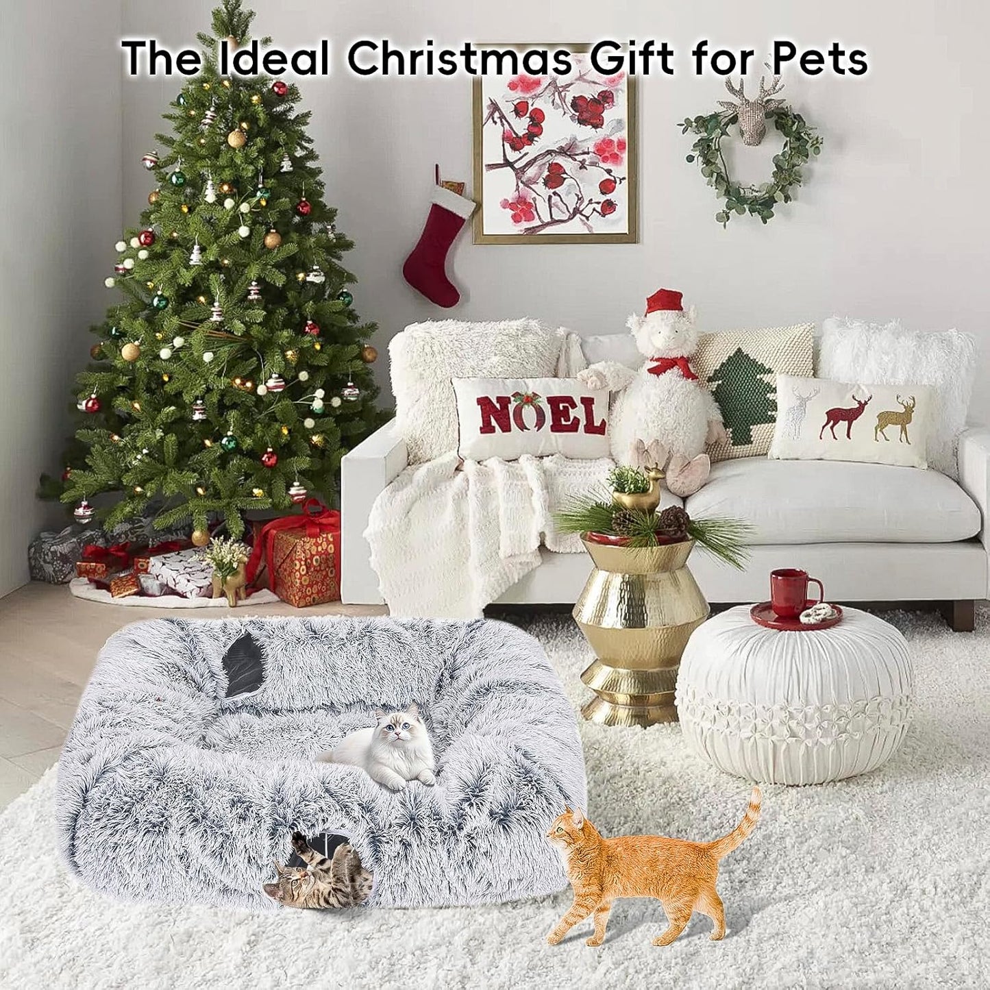 Extra Large Cat Tunnel Bed, 4 Ways Tunnels for Indoor Cats, Multi-cat Family Peekaboo Cave & Cat Bed, Plush Cat Donut with Washable Middle Mat, Exit Balls, Pet Play Toy for Kitten Puppy Rabbit