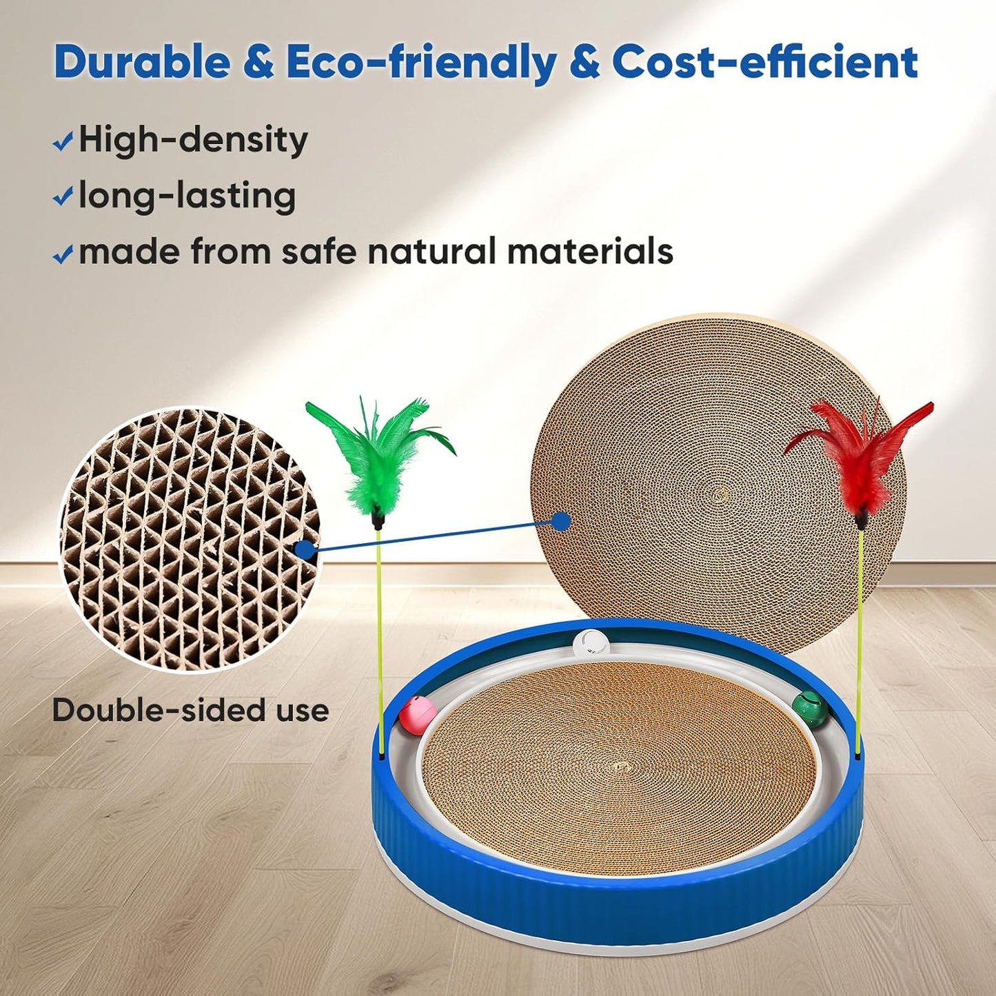 20-Inch Round Cat Scratcher with Ball Track – 3-in-1 Cardboard Scratching Pad with Feather Toy & Non-Slip Base – Interactive Cat Toy for Indoor Cats, Kittens & Large Cats (Blue)