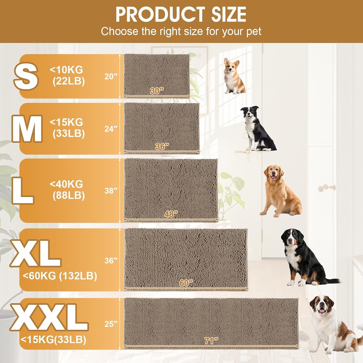 Dog Door Mats for Muddy Paws, Chenille Absorbent Dog Mats, Non Slip Heavy Mud Mat for Dogs, Soft Pet Mat for Entryway, Mud Paws, Inside Floor,48" x 38", Beige