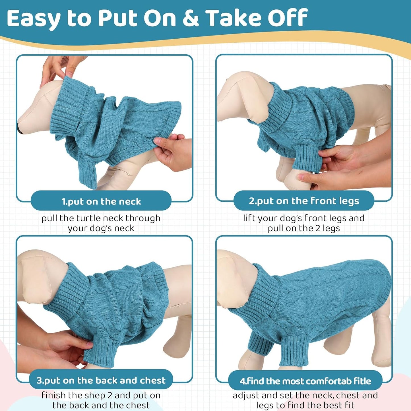 Queenmore Small Dog Pullover Sweater, Cold Weather Cable Knitwear, Classic Turtleneck Thick Warm Clothes for Chihuahua, Bulldog, Dachshund, Pug (Peacock Blue, X-Small)