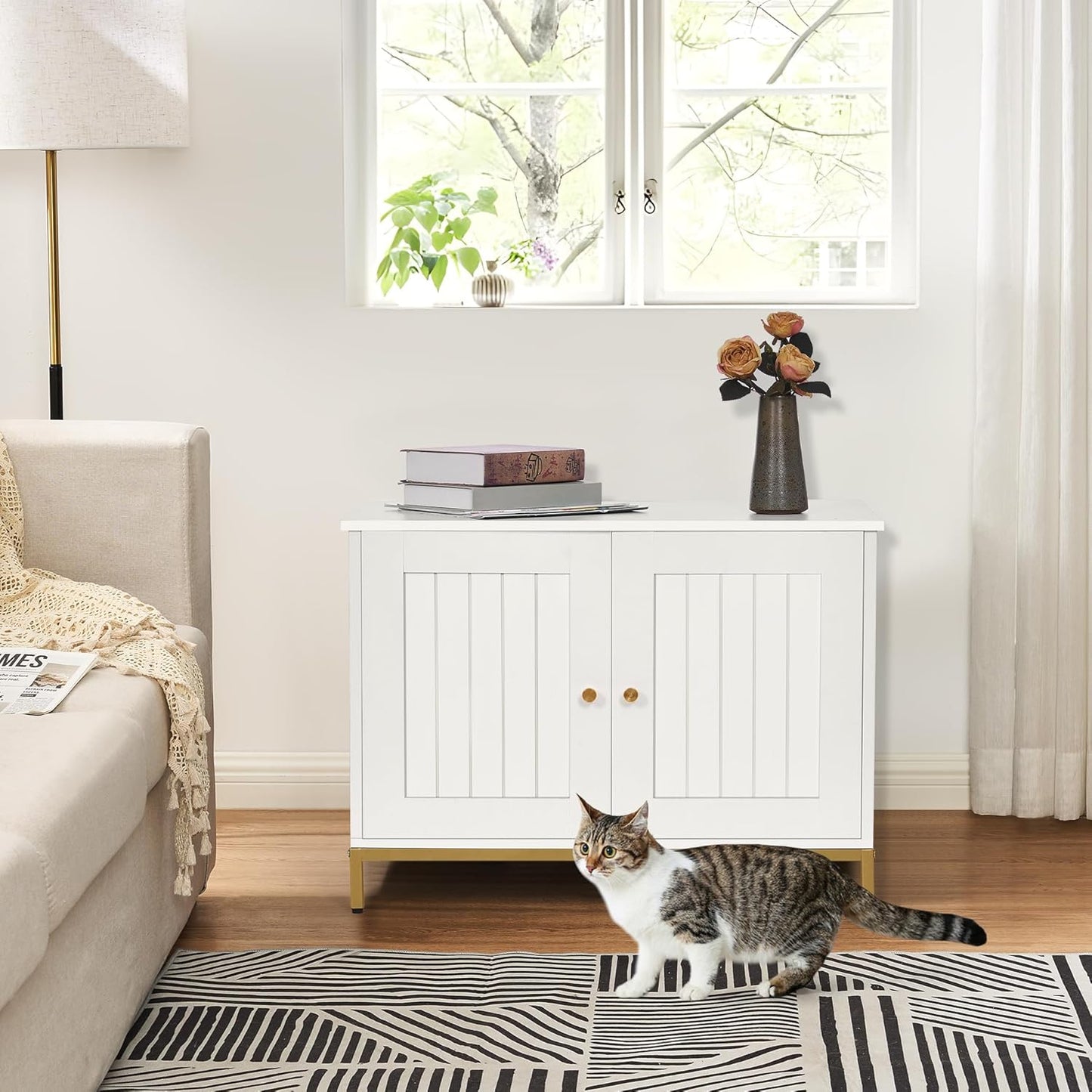 Homhedy Cat Litter Box Enclosure, Cat Washroom Furniture with Metal Frame, Pet House, Fit Most of Litter Box, Modern Style, White and Gold