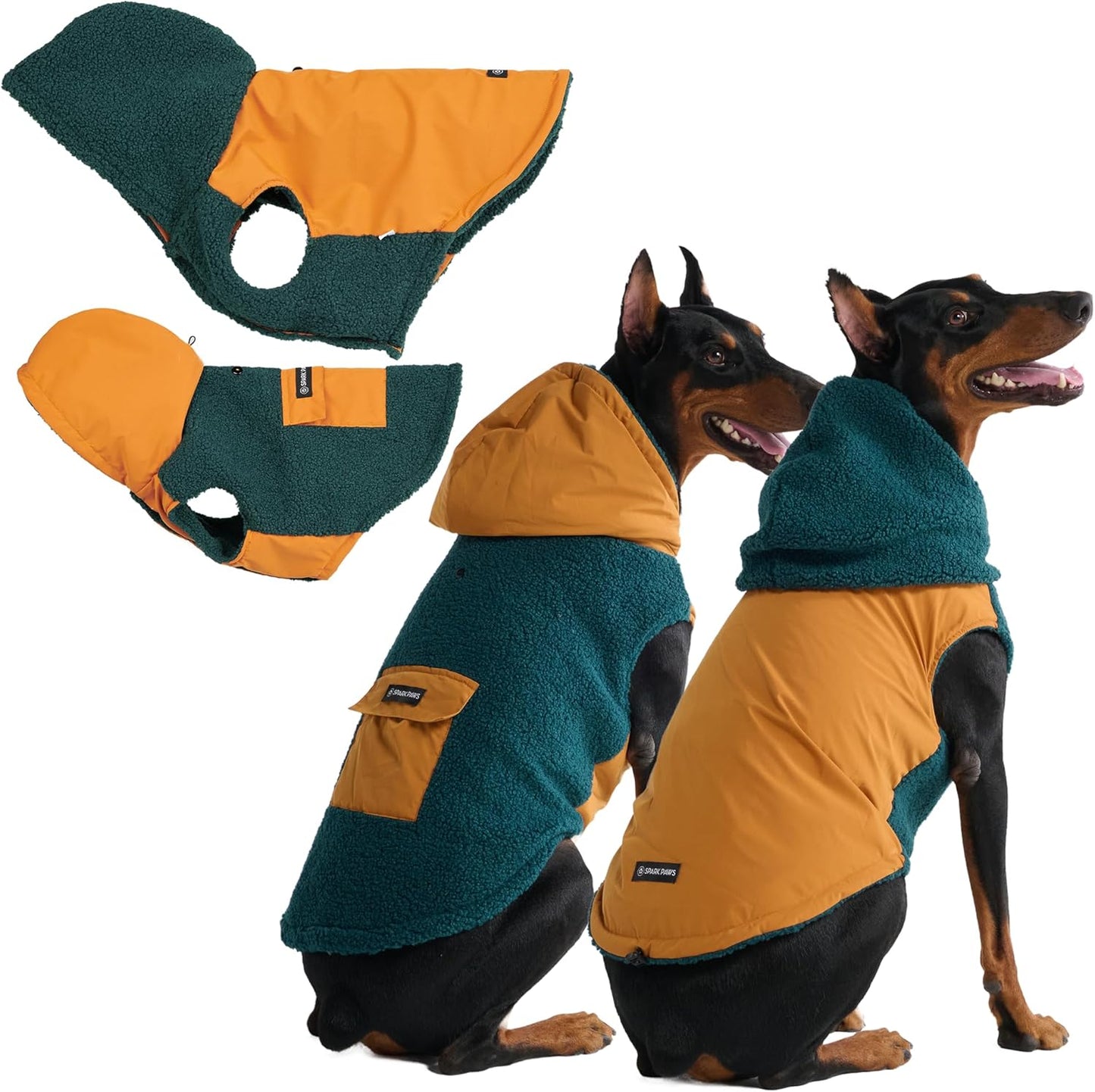 Spark Paws Reversible Dog Sweater, Sherpa Jacket Vest with Warm Fleece Lining, Warm Coat for Winter, Suitable for Small Medium, Large, XL XXL Dogs - Orange and Green - 3XL