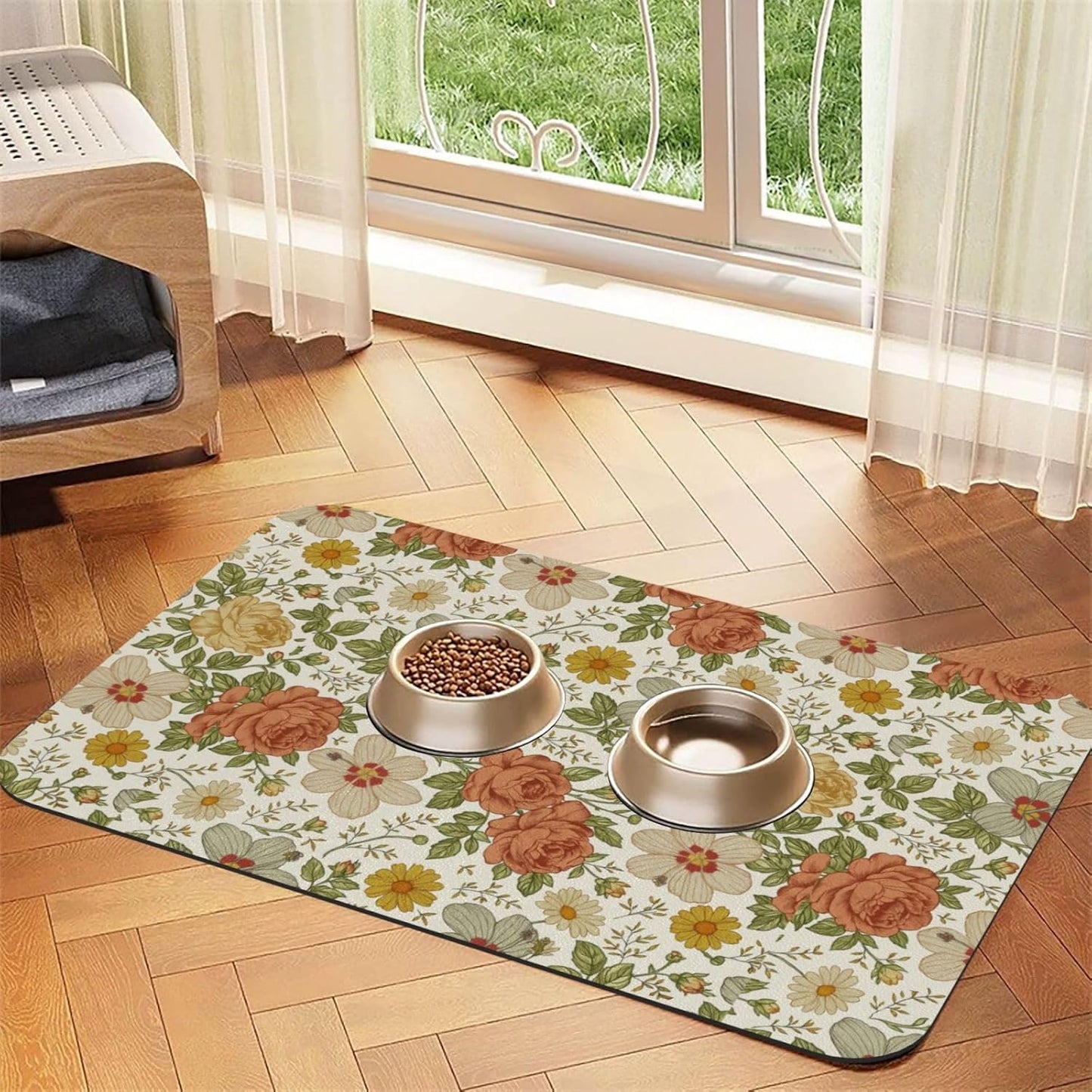 Delicate Floral Dog Food Mat Absorbent Bowl Mats No Stains Quick Dry Waterproof Pet Cat Placemats for Food and Water, 30x45cm