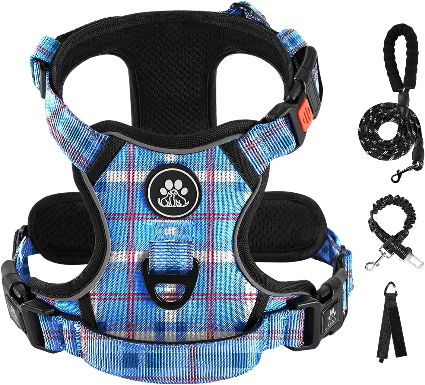 IVY&LANE No Pull Dog Harness with Leash Set, Reflective No Choke Pet Vest,Adjustable Oxford Dog Vest Harness with Easy Control Handle for Medium Lagre Dogs (Checkered Blue,M)