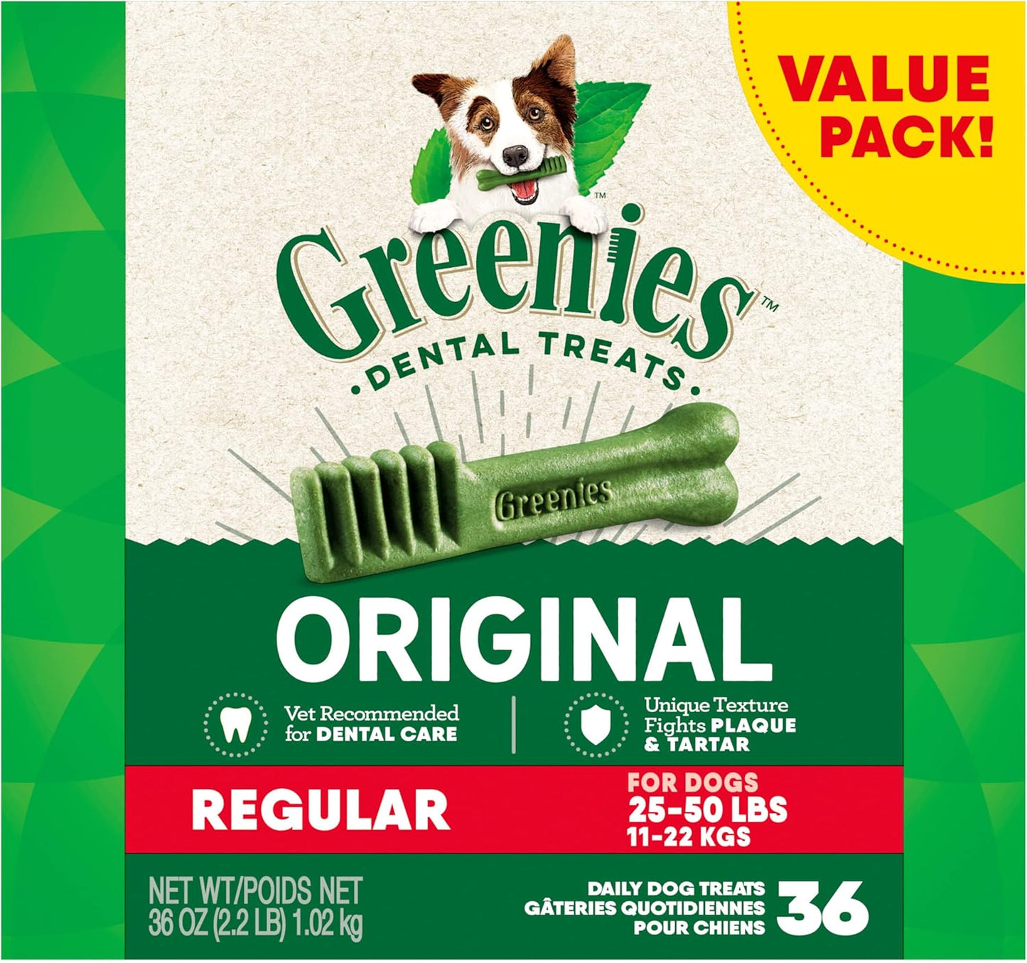 Greenies Original Regular Dental Dog Treats, 36 oz. Pack (36 Treats)
