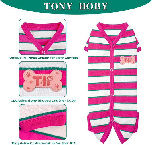 TONY HOBY Male Dog Pajamas, Dog Jumpsuit with Rose Red Stripe, Colorful Dogs Shirt for Small Medium Dogs (Rose Red&White, Boy, S)