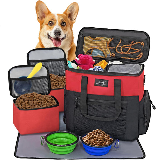 WOLT Dog Travel Bag Dog Bag for Traveling and Supplies with 2 Collapsible Bowls, 2 Food Containers, 1 Place Mat, Red