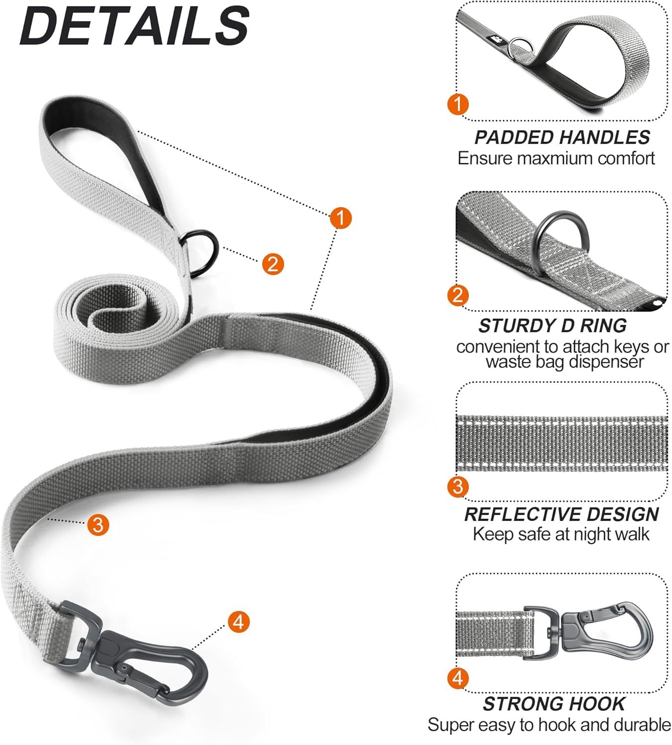TwoEar 4FT 1IN Strong Gray Dog Leash with 2 Padded Handles, Traffic Handle Extra Control, Comfortable Soft Dual Handle, Auto Lock Hook, Reflective Walking Lead for Small Medium and Large Dogs