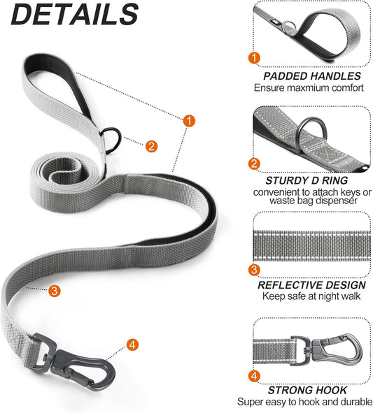 TwoEar 6FT 1IN Strong Gray Dog Leash with 2 Padded Handles, Traffic Handle Extra Control, Comfortable Soft Dual Handle, Auto Lock Hook, Reflective Walking Lead for Small Medium and Large Dogs