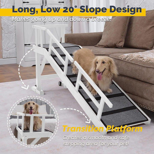 Dog Ramp for Bed or Couch, Wooden Pet Ramp with 20° Gentle Slope, Removable Side Rails, Non-Slip Surface, Top Platform & Wheels, Safe Bed Ramp for Small, Medium & Senior Dogs, 60" Long, White