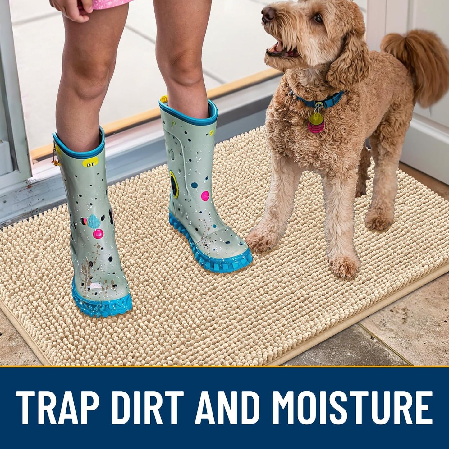 Smiry Dog Door Mat for Muddy Paws 70x24, Absorbs Moisture and Dirt Doormat, Non-Slip Washable Quick Dry Chenille Front Door Mat Indoor Entrance, Entryway Carpet for Inside Floor, Beige