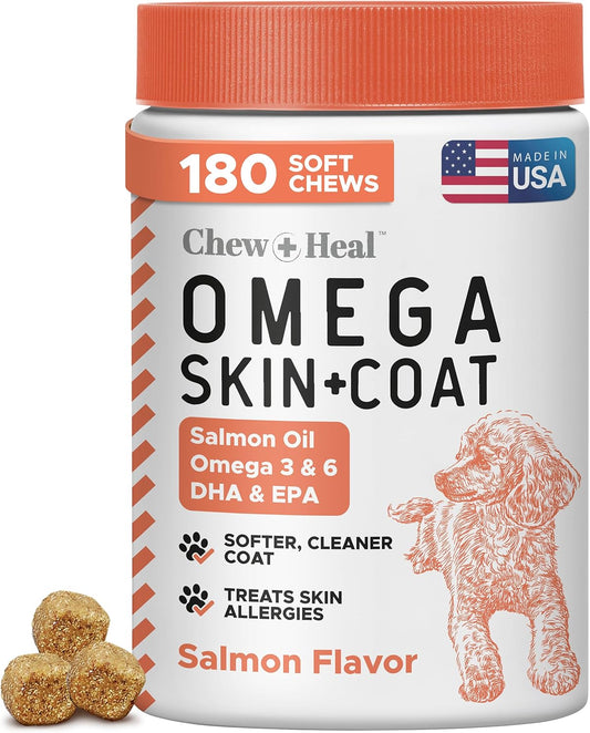 Salmon Oil for Dogs - Soft Chew Omega Treats for Skin and Coat - Fish Oil Blend of Essential Fatty Acids, Omega 3 and 6, Vitamins, Antioxidants and Minerals - Made in USA (180 Chews, Salmon)