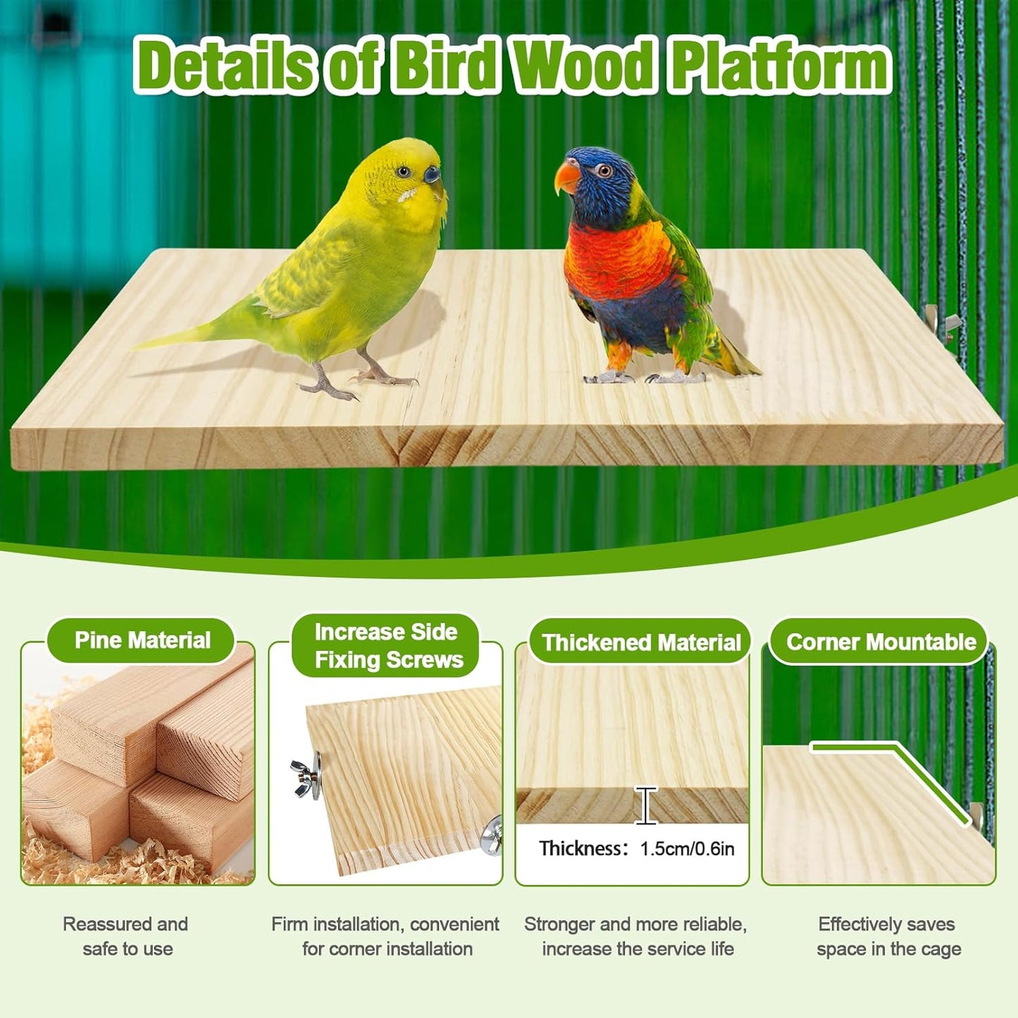 2PCS 13.8x7.9 inches Large Bird Perch Stand Wooden Parakeet Stand Platform Parrot Cage Accessories Rectangle Corner Stand Perch Shelf for Budgie Cockatiel Conure Macaw African Grey Chinchilla