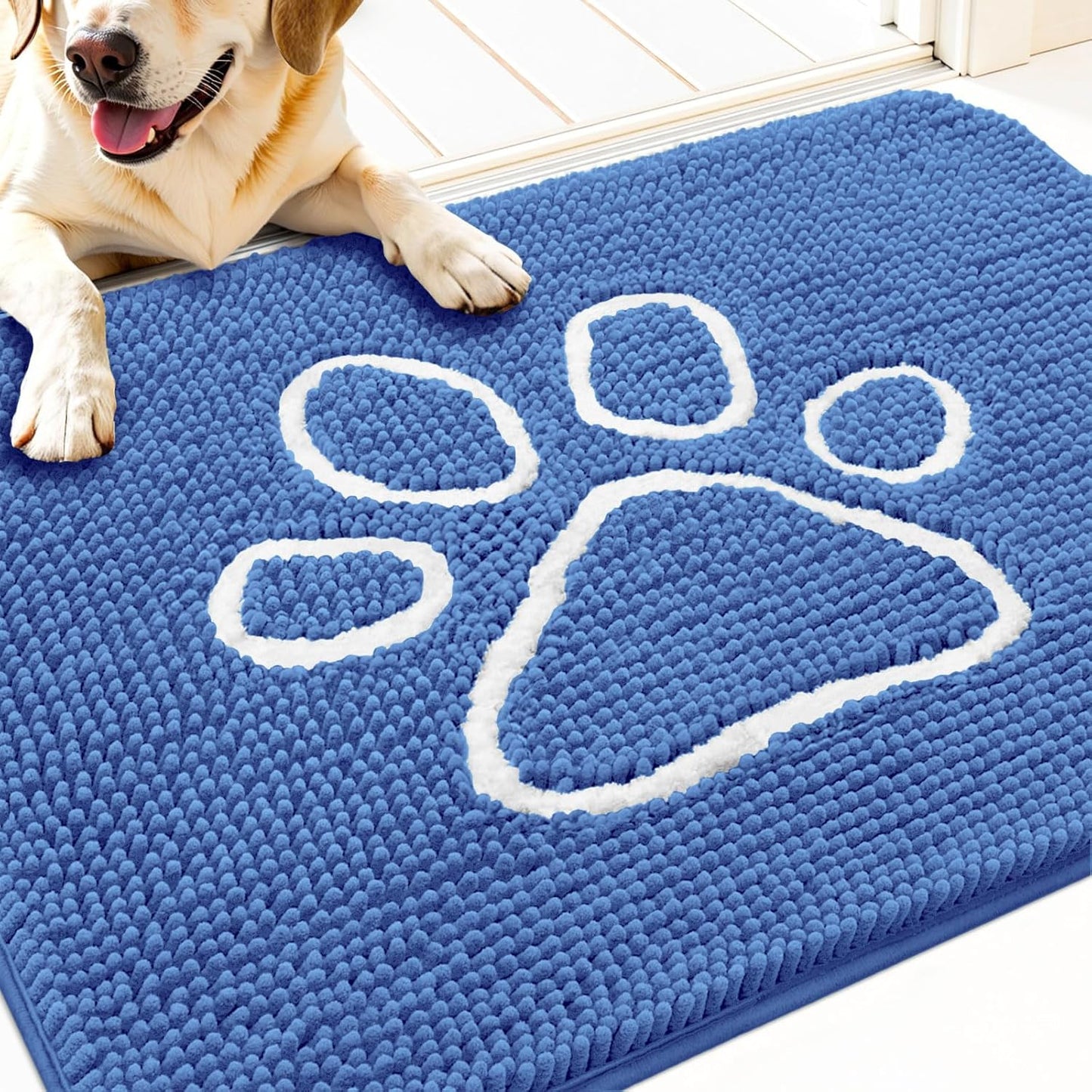 OLANLY Door Mat for Muddy Dog Paws 30x20, Absorbent Chenille Mud Doormat with Paw Print Design, Non-Slip Washable Doormat for Indoor Entryway, Quick-Dry Pet Bed Mats for Dirty Dogs, Cornflower Blue
