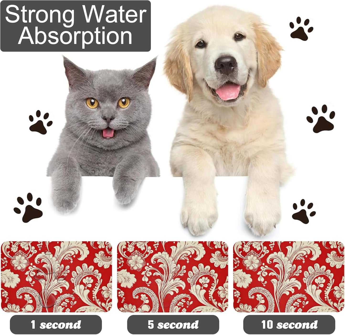 Red White Paisley Dog Food Mat-Absorbent Pet Feeding Mat for Food and Water Bowl, Quick Dry Dog Placemat with Rubber Backing-No Stains Pet Supplies for Messy Drinkers 12"x20"