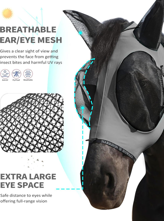 Harrison Howard Horse Fly Mask with Forelock Opening Stretch Breathable and Comfortable for Horses UV -Protection Grey L
