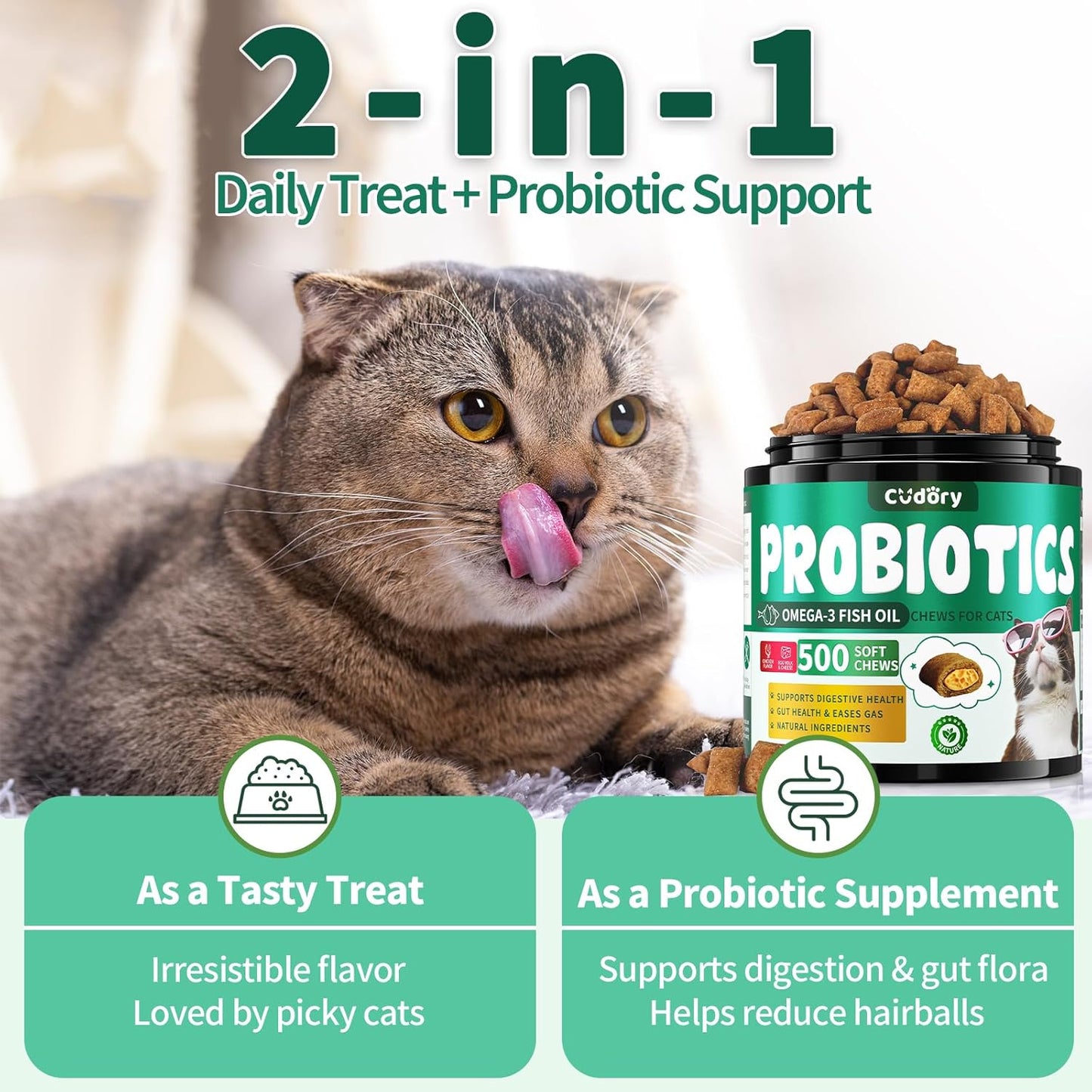 Cat Probiotics Tasty Chews for Digestive & Gut Support - Crunchy & Creamy Texture - Cat Gut Health, Constipation Relief, Healthy Stool, Natural Supplement for Cats, Chicken Flavor - 500 Chews