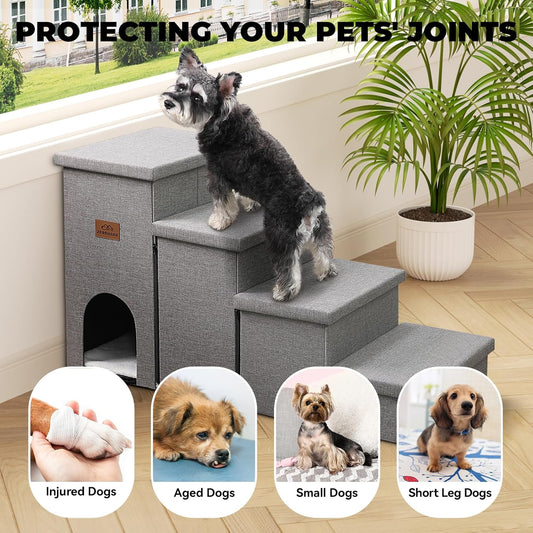 Dog Stairs 23" H, 4-Step Wider Dog Steps for High Beds Window, Folding Storage Pet Stairs Gift for Small/Medium/Large Old Dogs Cats, Ramp for Climbing Car Up to 200 lbs (Gray, with Condo)