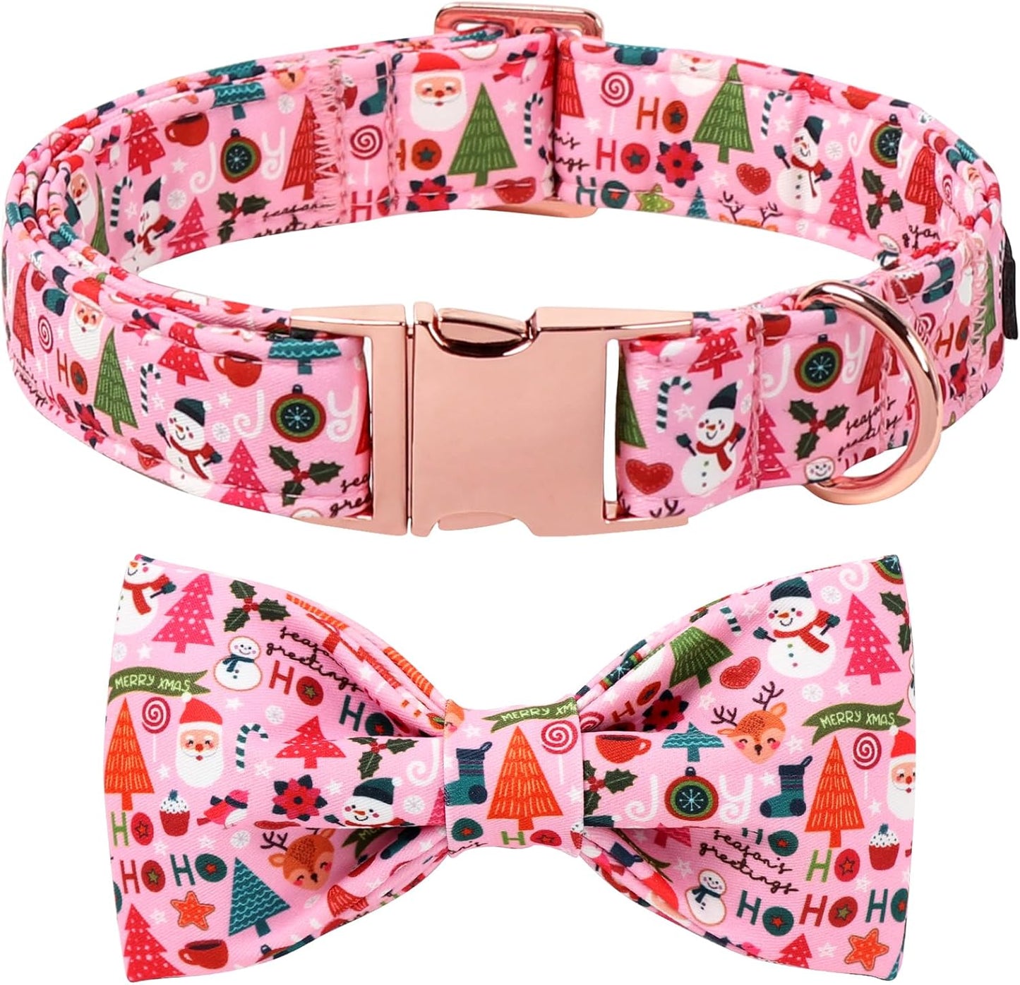Lionet Paws Christmas Dog Collar with Bow tie,Cute Ho Christmas Tree Snowman Pink Dog Collar Bow Tie for Dogs Female, Medium, Neck 13.5-22 inches