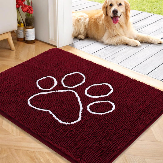 OLANLY Door Mat for Muddy Dog Paws 40x32, Ultra Absorbent Chenille Mud Doormat with Paw Print Design, Non-Slip Washable Doormat for Indoor Entryway, Quick-Dry Pet Bed Mats for Dirty Dogs, Burgundy