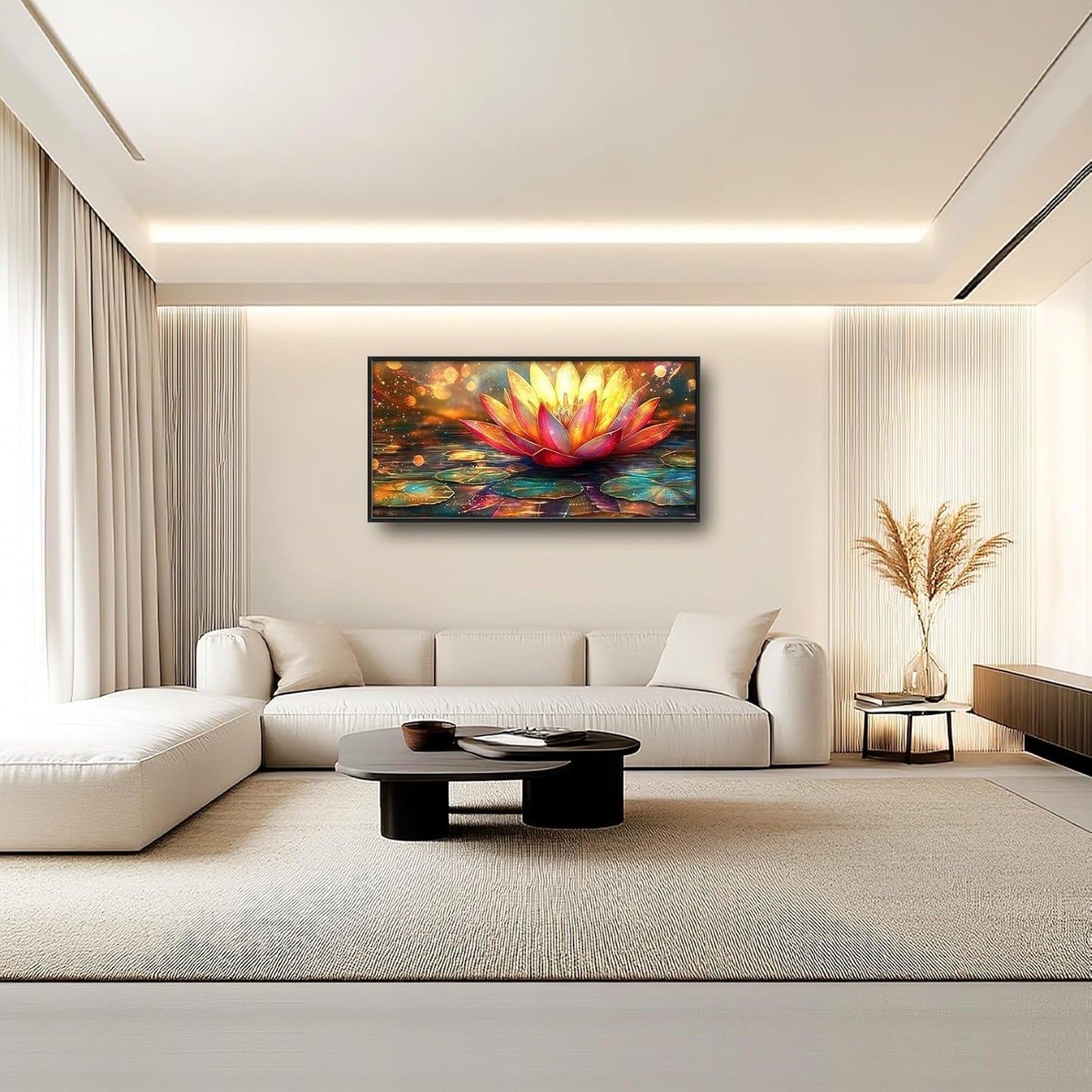 Framed Large Lotus Wall Art for Living Room, Oversized Lotus Flower Wall Decor Zen Golden Floral Canvas Painting Modern Artwork Home Decoration for Living Room Bedroom Office 60"x30"