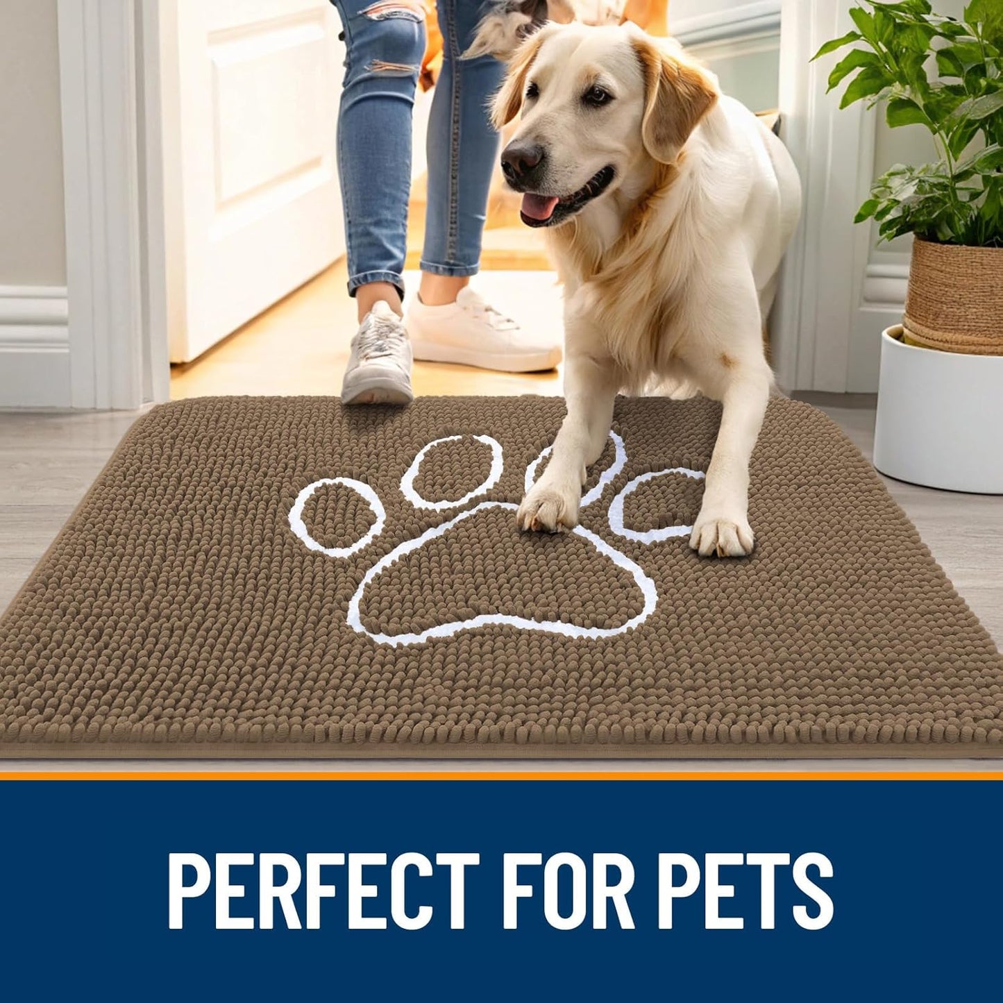 OLANLY Door Mat for Muddy Dog Paws 59x24, Ultra Absorbent Chenille Mud Doormat with Paw Print Design, Non-Slip Washable Doormat for Indoor Entryway, Quick-Dry Pet Bed Mats for Dirty Dogs, Tan