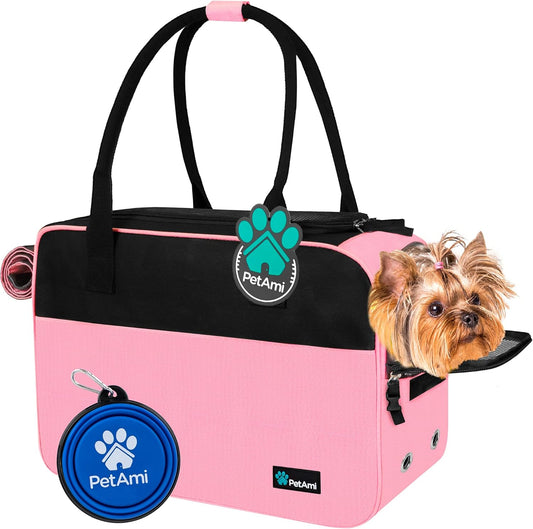 PetAmi Dog Purse Carrier for Small Dogs, Airline Approved Soft Sided Pet Carrier with Pockets, Ventilated Dog Carrying Bag for Puppy Cat, Dog Travel Supplies Bag, Sherpa Bed, Max 12 lbs, Pink