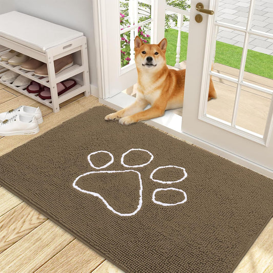 OLANLY Door Mat for Muddy Dog Paws 48x30, Ultra Absorbent Chenille Mud Doormat with Paw Print Design, Non-Slip Washable Doormat for Indoor Entryway, Quick-Dry Pet Bed Mats for Dirty Dogs, Tan