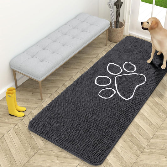 OLANLY Door Mat for Muddy Dog Paws 59x24, Ultra Absorbent Chenille Mud Doormat with Paw Print Design, Non-Slip Washable Doormat for Indoor Entryway, Quick-Dry Pet Bed Mats for Dirty Dogs, Dark Grey