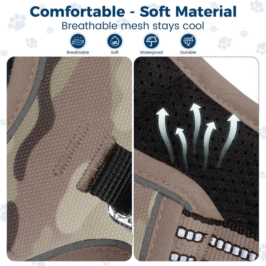 Funfox Dog Harness No Pull, Adjustable Pet Vest Harness, Super Soft Material with Vertical Handle Easy Control, Reflective Night Walking, 2 Leash Clips for Small Sized Dogs, Camo Brown, S