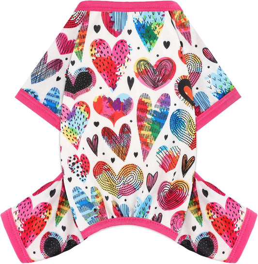Dog Pajamas Small Sized Dogs Stretchable Summer Dog Clothes Pjs 4 Legs Girl Boy Cute Soft Puppy Outfits Doggie Cat Jammies Jumpsuit Sleeper for Pet (Love Heart, Small)