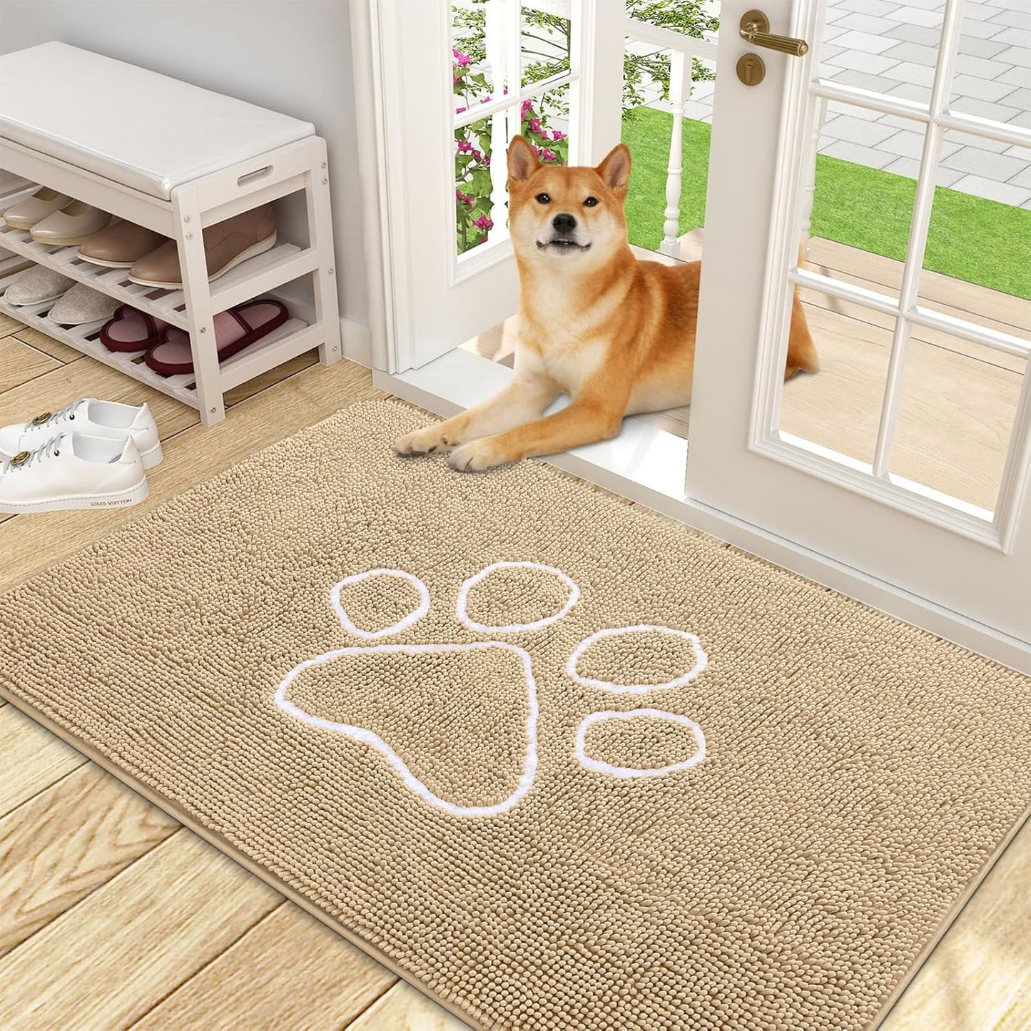 OLANLY Door Mat for Muddy Dog Paws 48x30, Ultra Absorbent Chenille Mud Doormat with Paw Print Design, Non-Slip Washable Doormat for Indoor Entryway, Quick-Dry Pet Bed Mats for Dirty Dogs, Beige