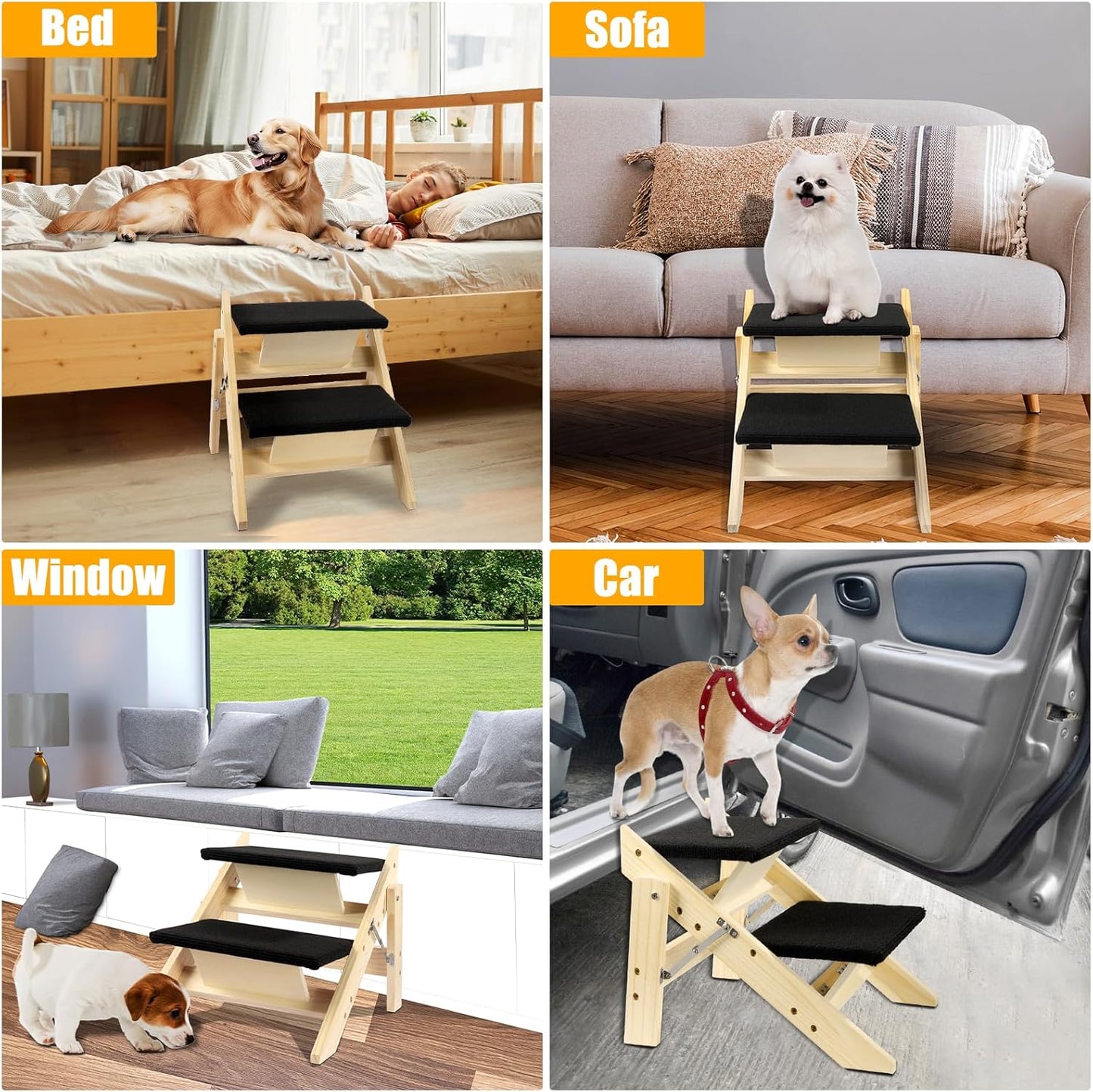 Foldable Dog Stairs/Ramp with 2 Steps - Durable Wooden Pet Stairs for Small, Medium, Large Dogs - Black (No Assembly Required)