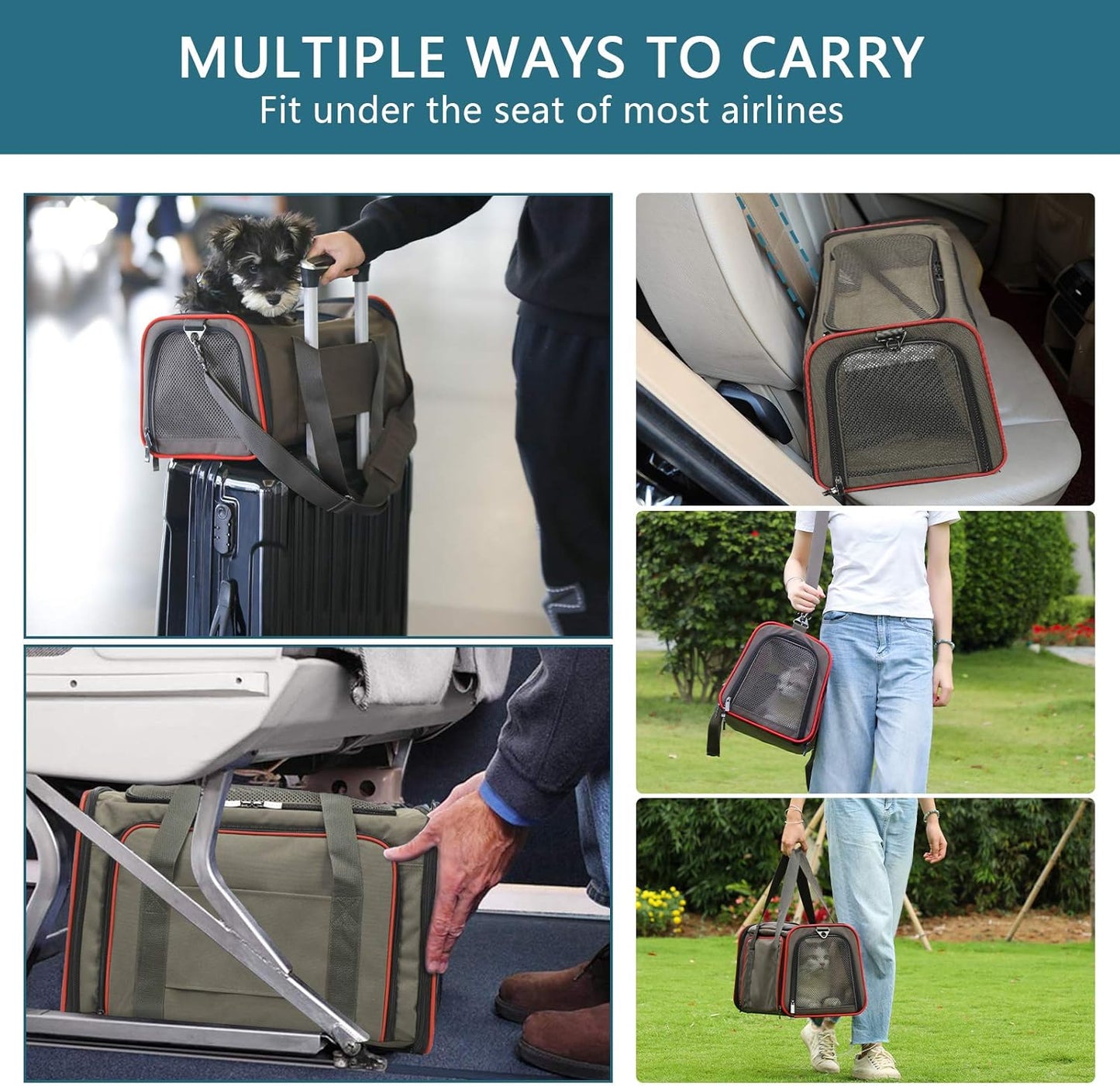 Petsfit Expandable Cat Carrier Dog Carriers,Airline Approved Soft-Sided Portable Pet Travel Washable Carrier for Kittens,Puppies,Removable Soft Plush mat and Pockets,Locking Safety Zippers