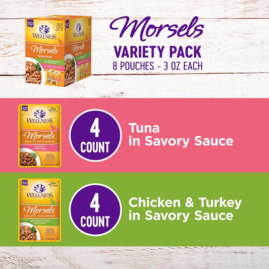 Wellness Healthy Indulgence Morsels Adult Wet Cat Food, Natural, Protein-Rich, Grain-Free, 3 Ounce Pouch, 8 Pack, (Morsels Variety Pack)