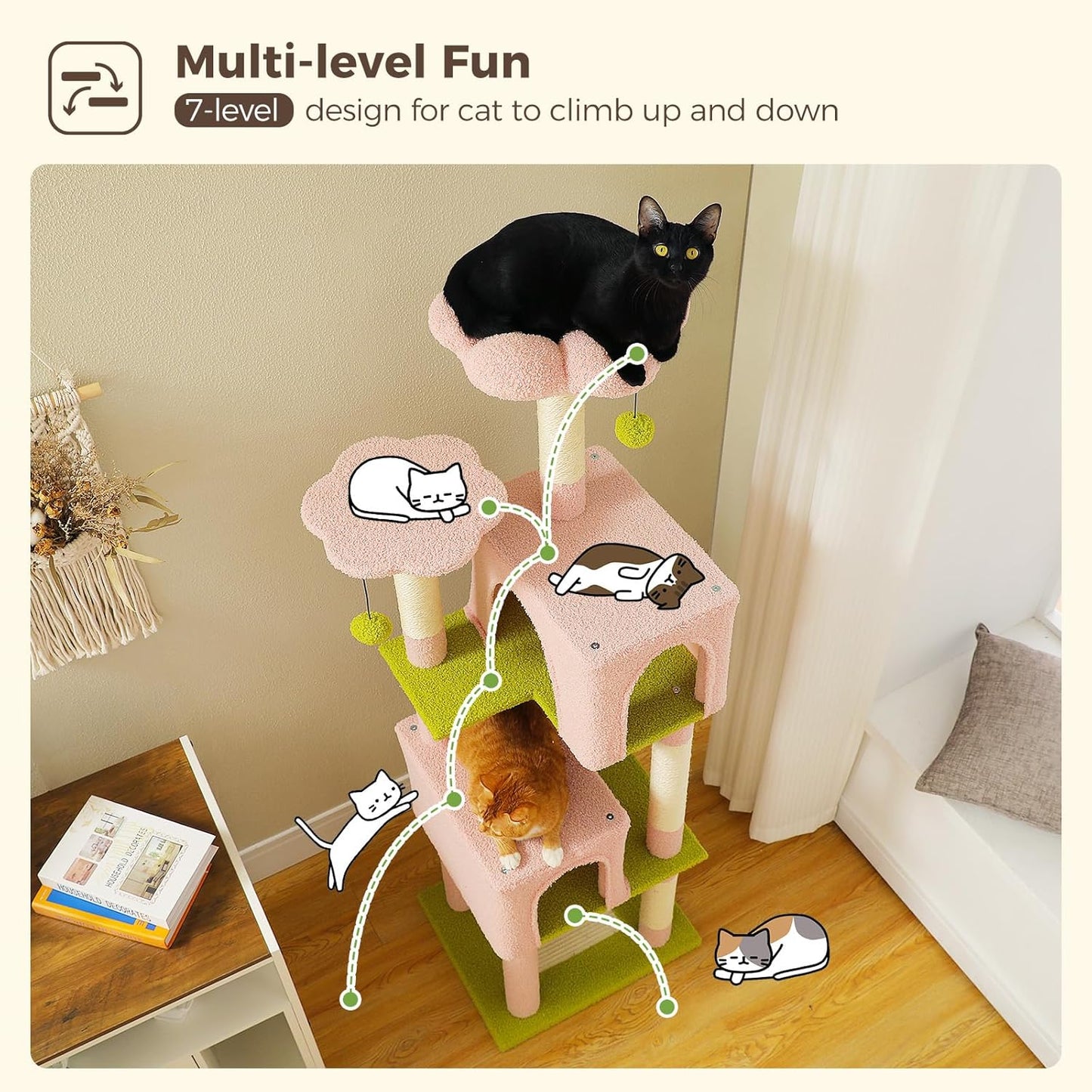 Flower Cat Tree, 62-Inch Tall Multi-Level Cat Tower with Scratching Posts for Large Indoor Cats, Plush Bed w/Padded Perches, Scratching Pad & 2 Green Pompoms, Pink