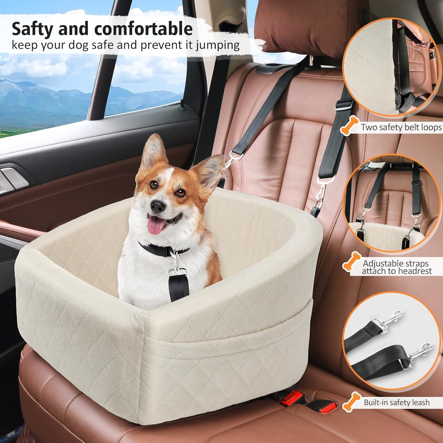 Dog Car Seat for Small Medium Dogs,Detachable Washable Dog Booster Seat Under 30lbs, Pet Car Seat Travel Bed with Storage Pockets and Dog Safety Belt (White)
