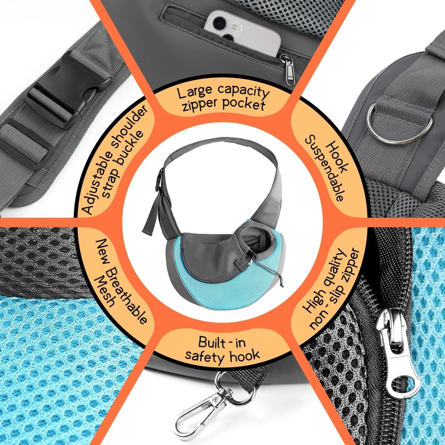 YUDODO Pet Sling Carrier for Small Dogs & Cats – Hands-Free Puppy Carrier with Safety Hook, Large Zipper Pocket, Soft Breathable Mesh, Adjustable Strap & Reflective Strip (Cyan 1.0 M)