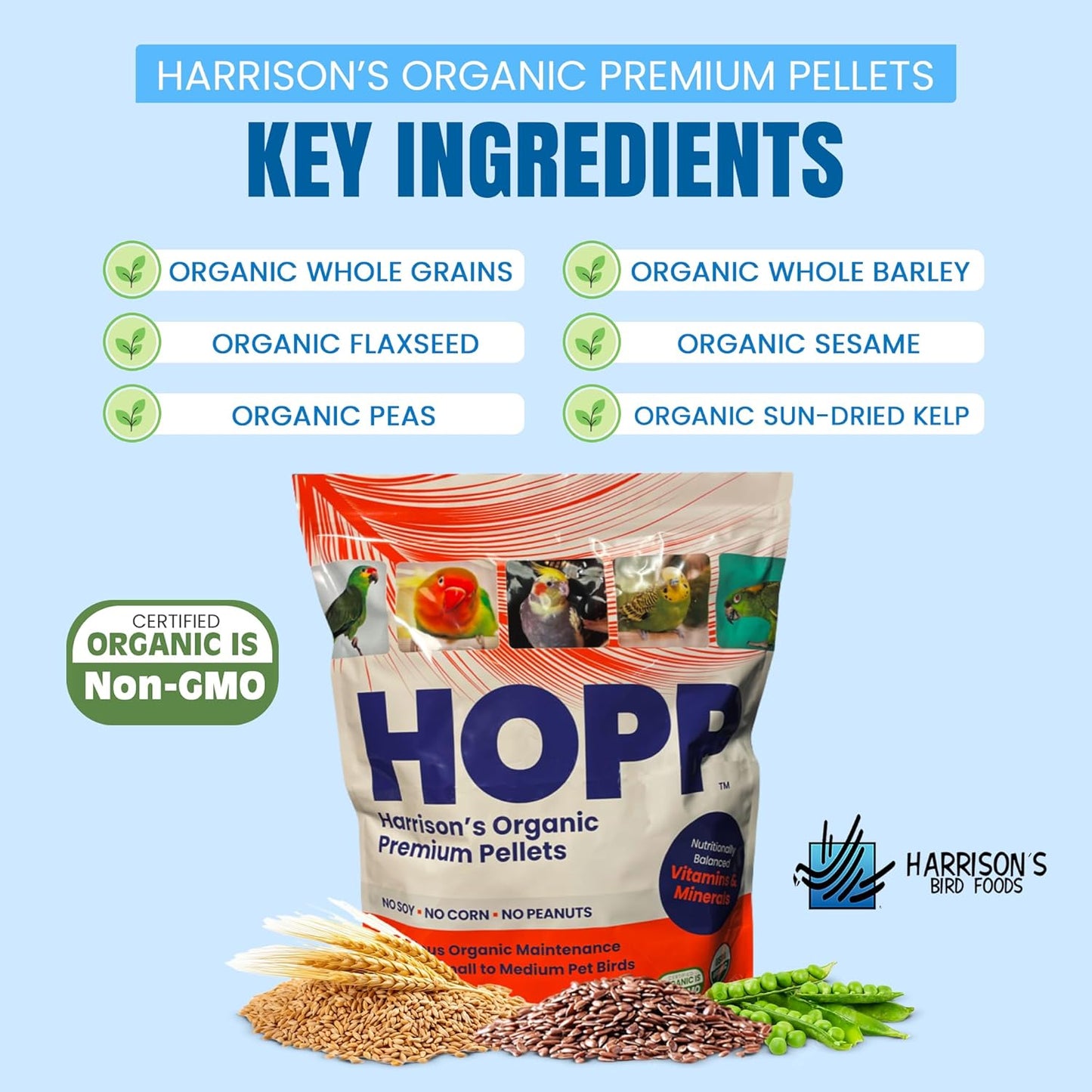 Harrison's Bird Foods HOPP Premium Pellets – Organic, Nutritionally Balanced Food for Small to Medium Pet Birds, Cold-Pressed, Low Fat, Vet-Developed, 5LB