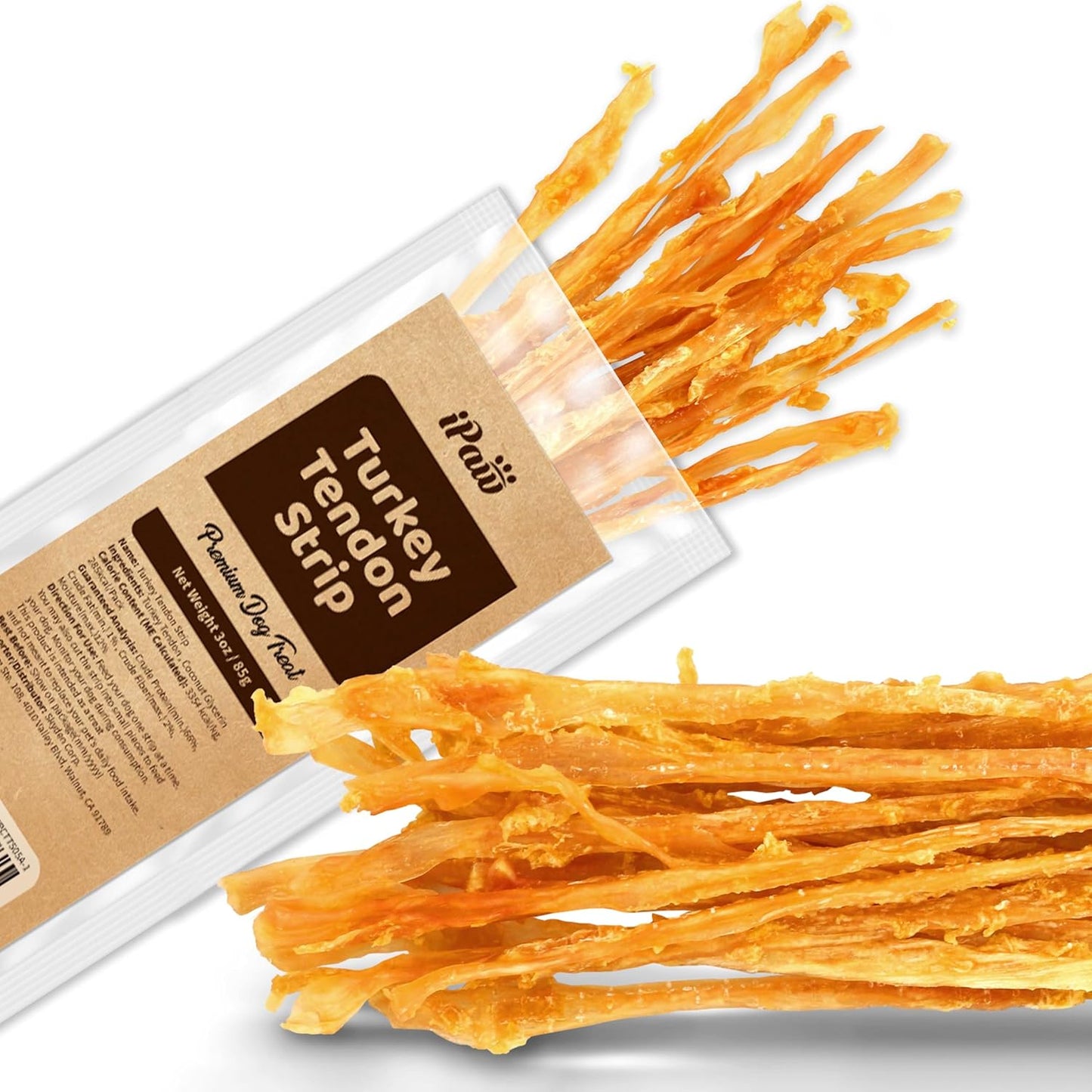 iPaw Turkey Tendons for Dogs, 100% Turkey and US Sourced Raw Material, Hypoallergenic, All Natural Human Grade Puppy Chew, Rawhide Alternative Dog Treats, 1 Unit/Pack Strip (Large)