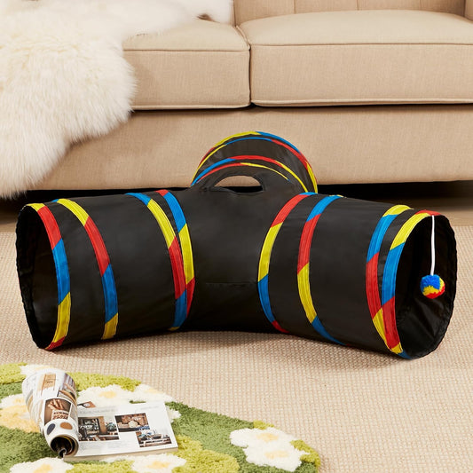 Tempcore 3 Way Collapsible Cat Tube Toys, Kitty Tunnel with Peek Hole Toy Ball, Black & Rainbow