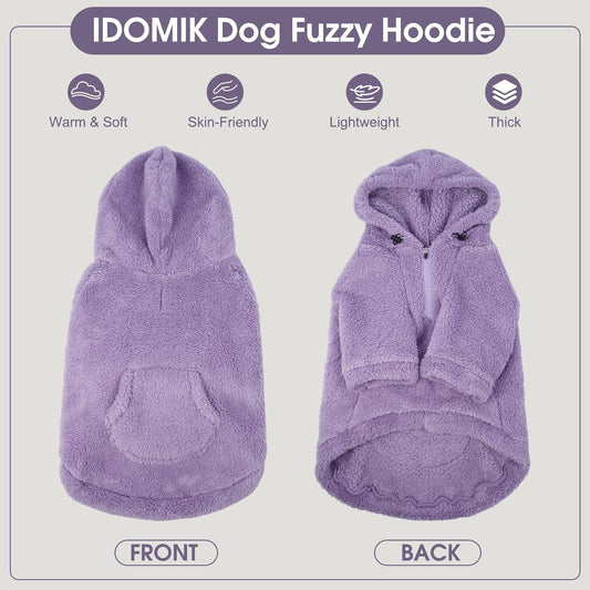 IDOMIK Fuzzy Dog Sweater with Adjustable Hood, Warm Fleece Dog Sweater Hoodie with Harness Hole & Pocket, Pullover Sweaters for Medium Dogs, Fuzzy Hooded Sweatshirt for Fall Winter Christmas,Purple,L